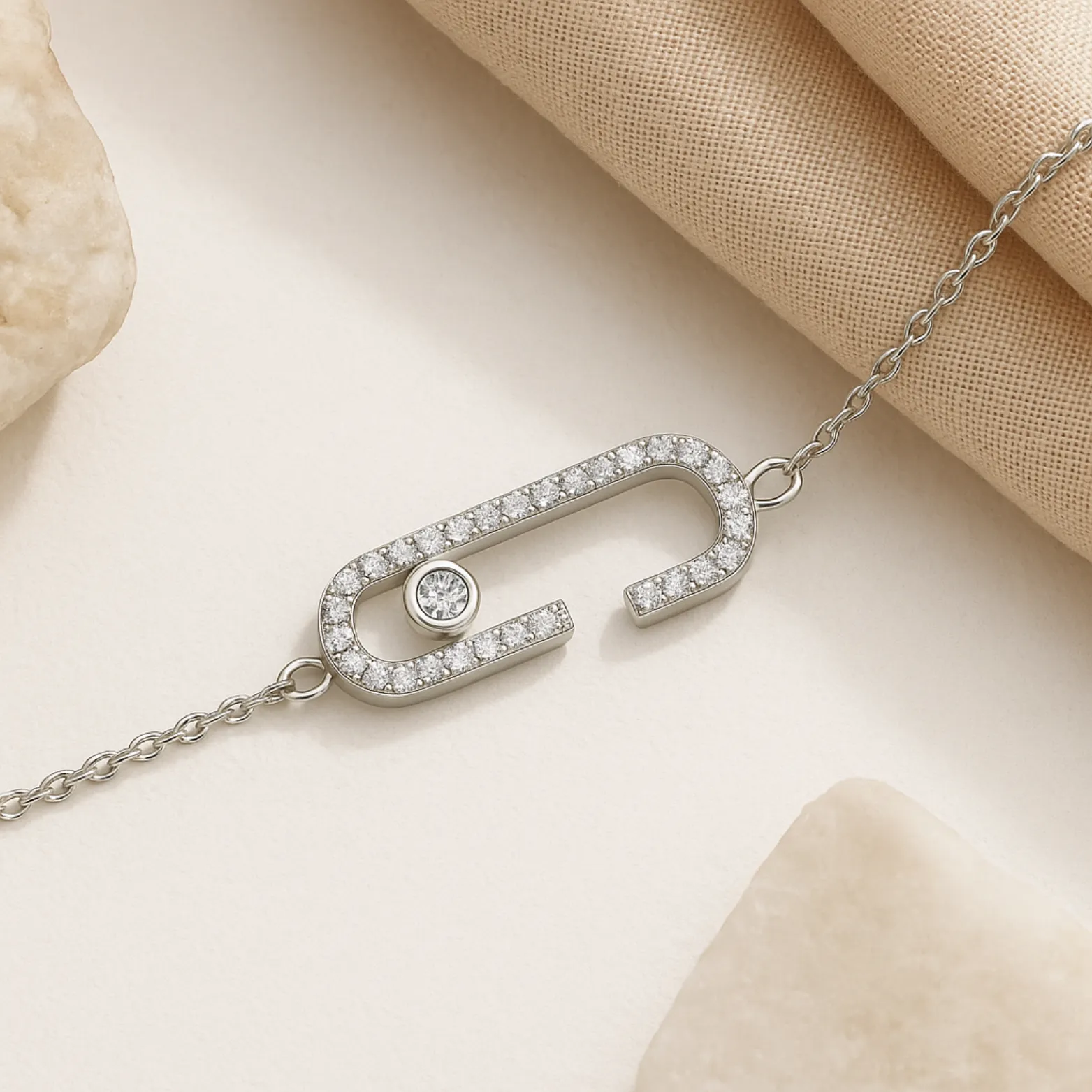 Silver Pin Charm Bracelet with CZ Stones