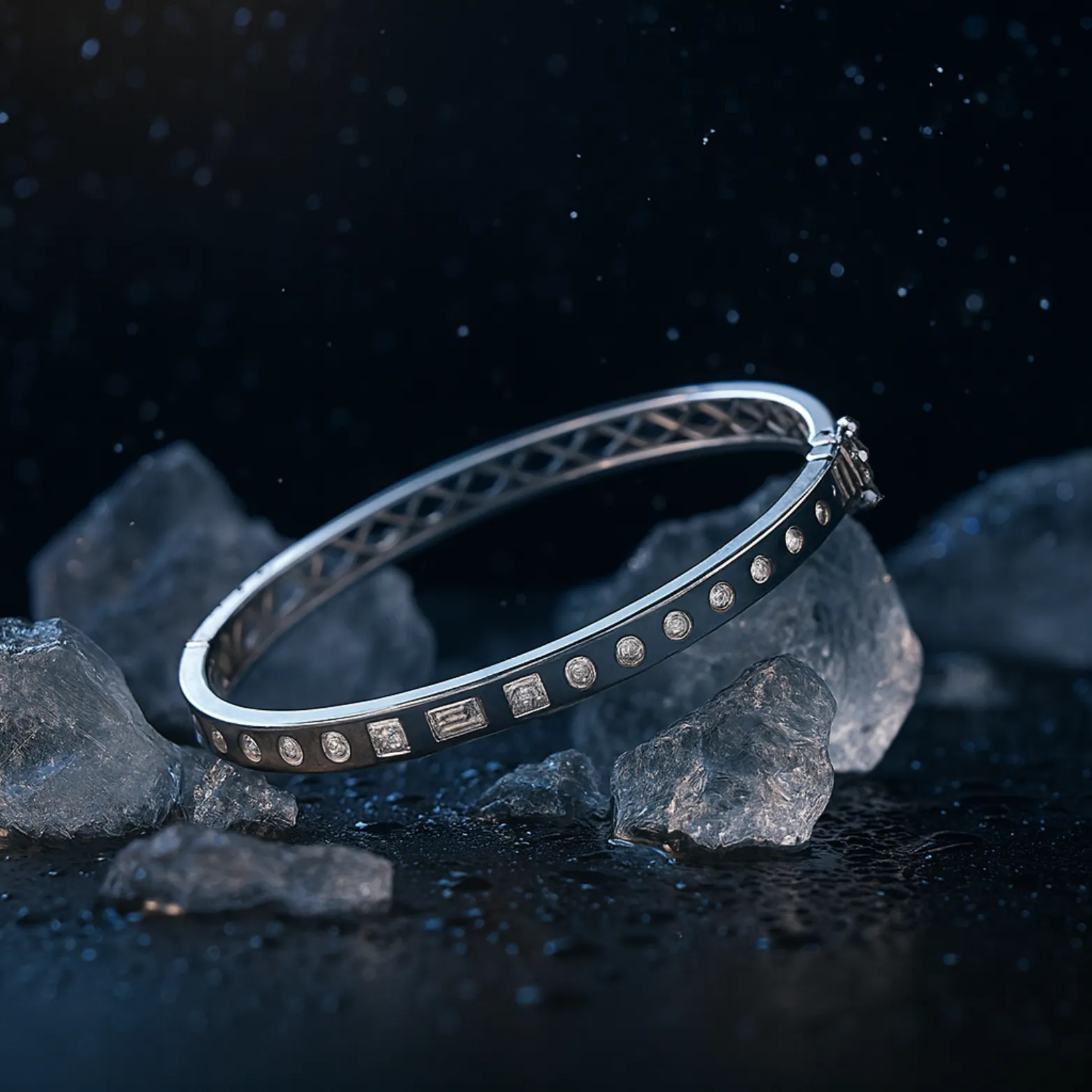 Geometric CZ Studded Silver Bangle