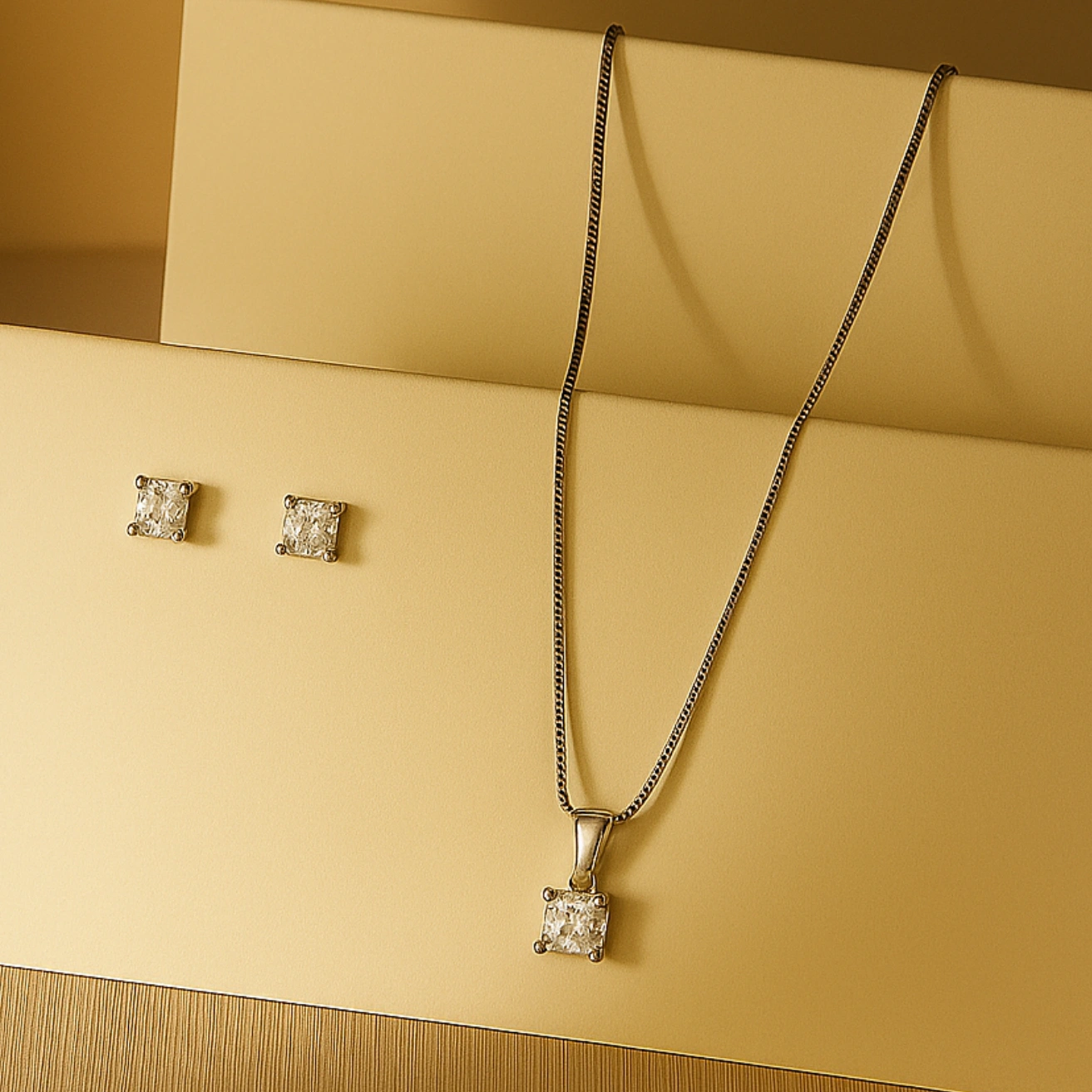 Princess Cut Solitaire Silver Pendant Set