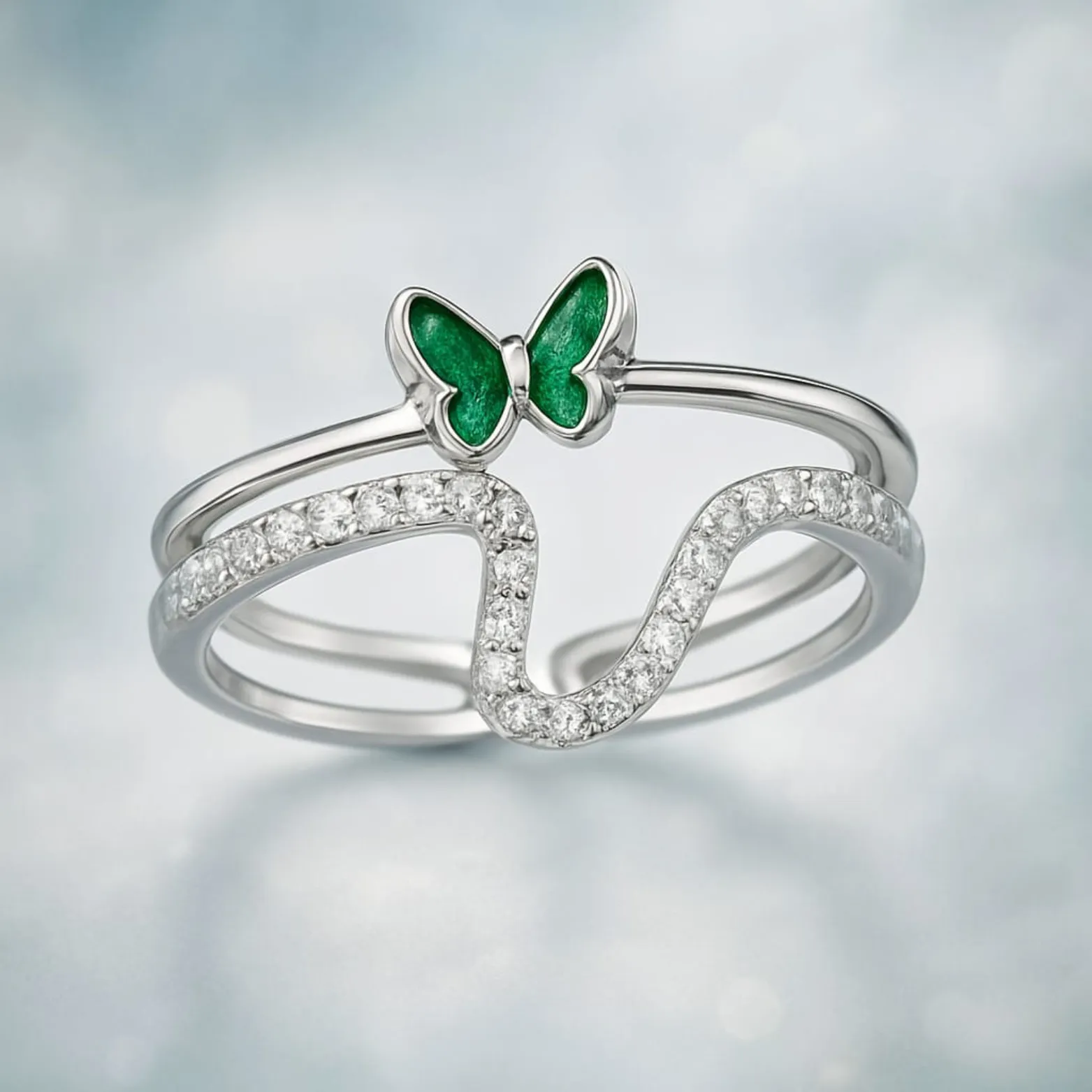 Green Butterfly Silver Ring