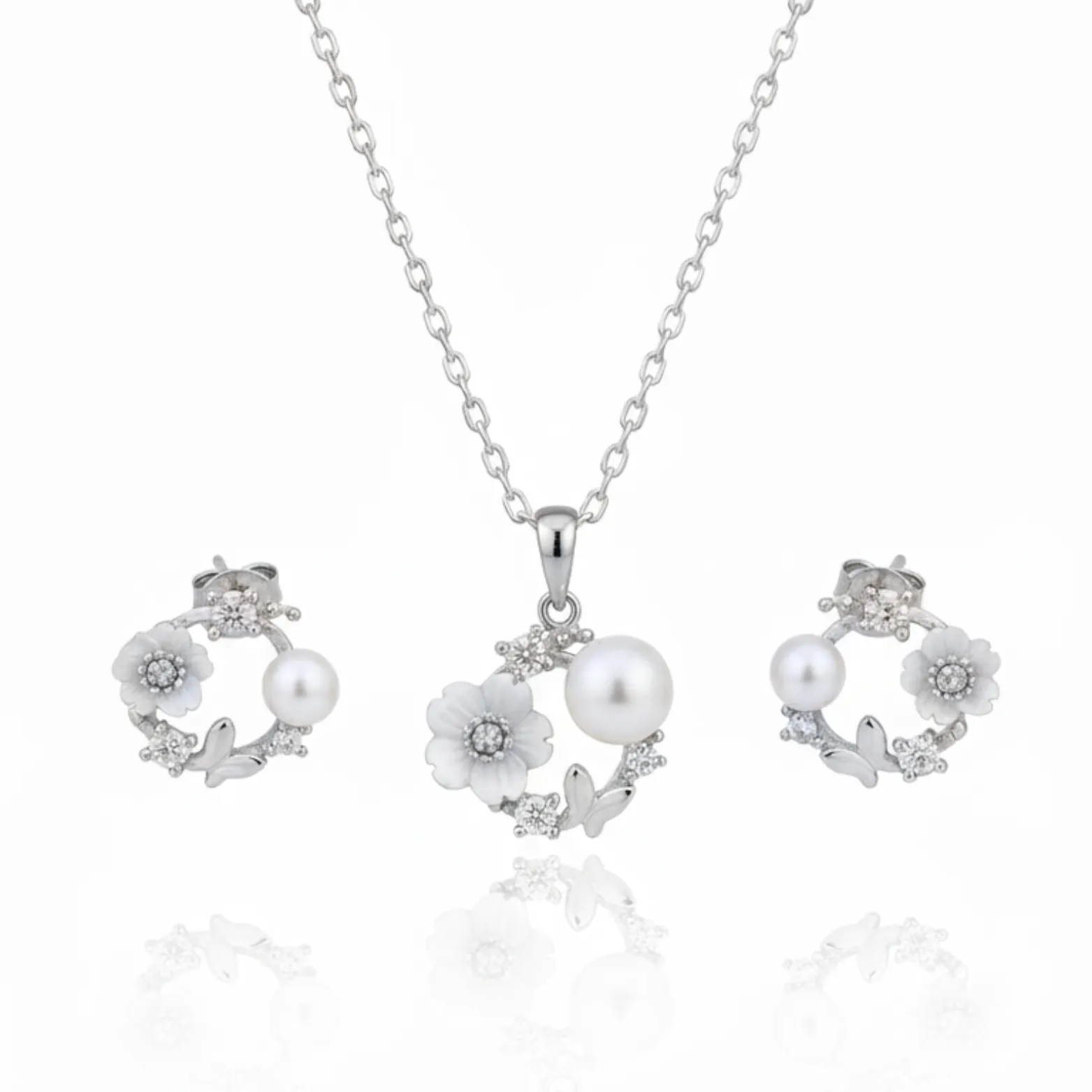 Floral Pearl Pendant and Earrings Set