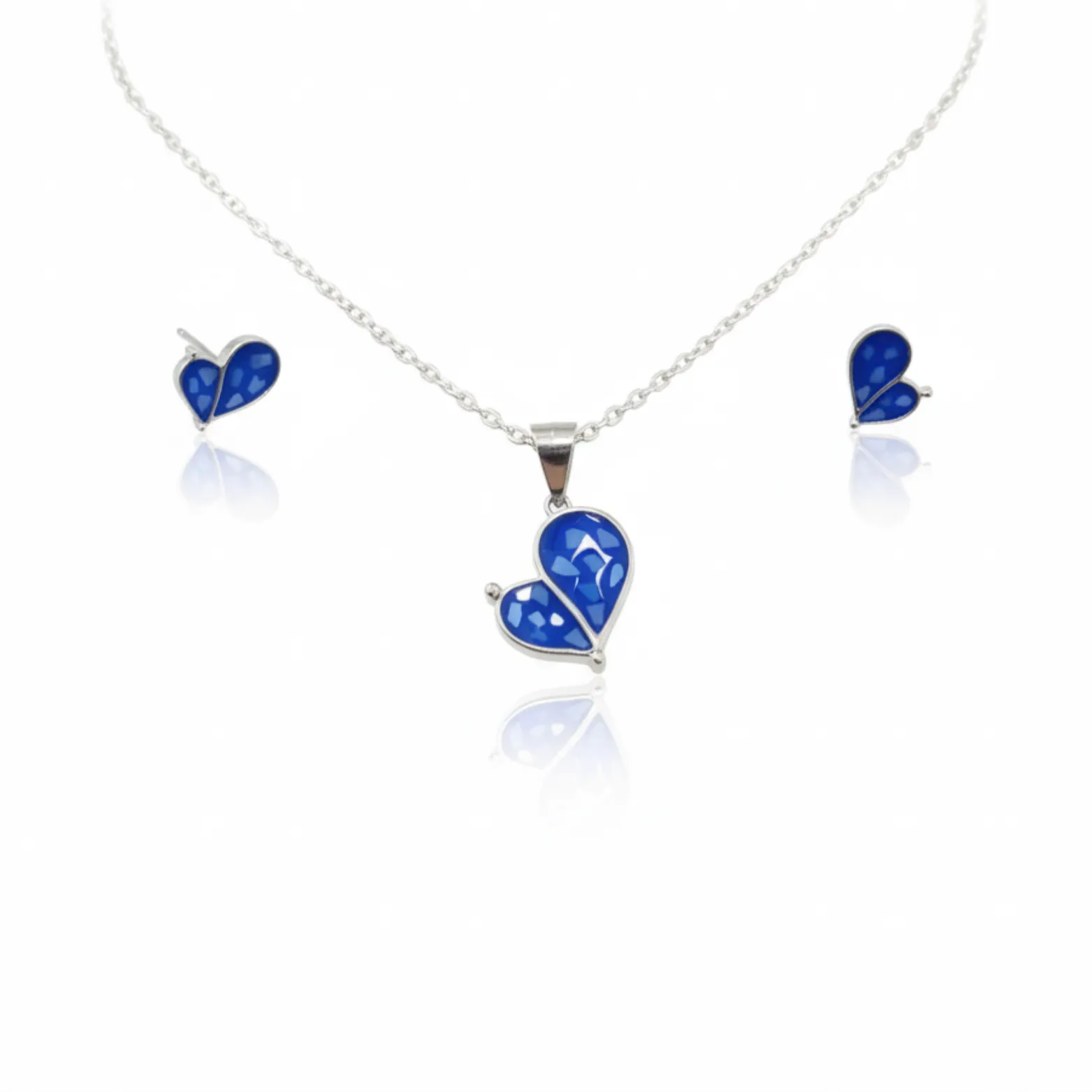 Enamel Heart Silver Pendant  Earrings Set