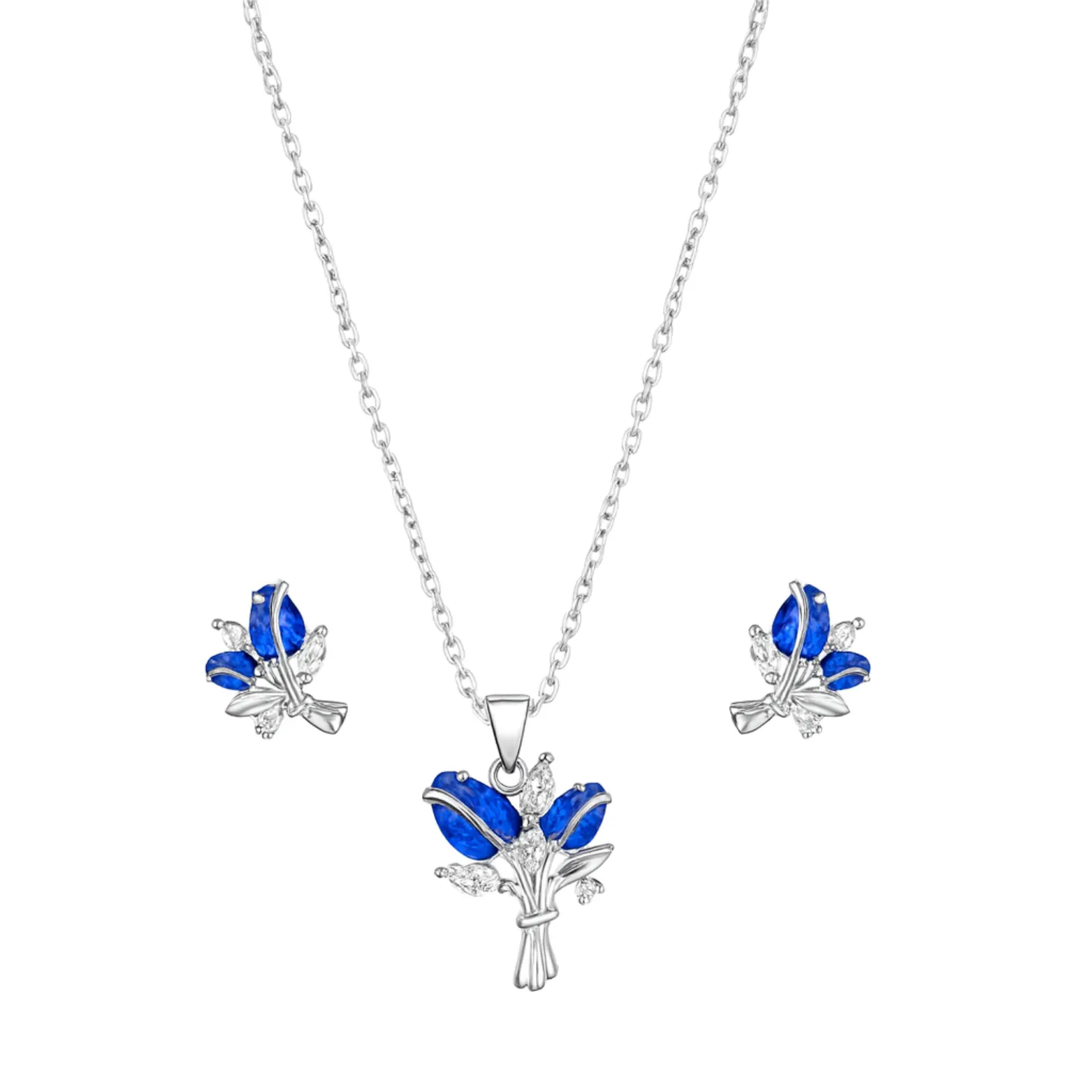 Blue Blossom Silver Pendant and Earrings Set