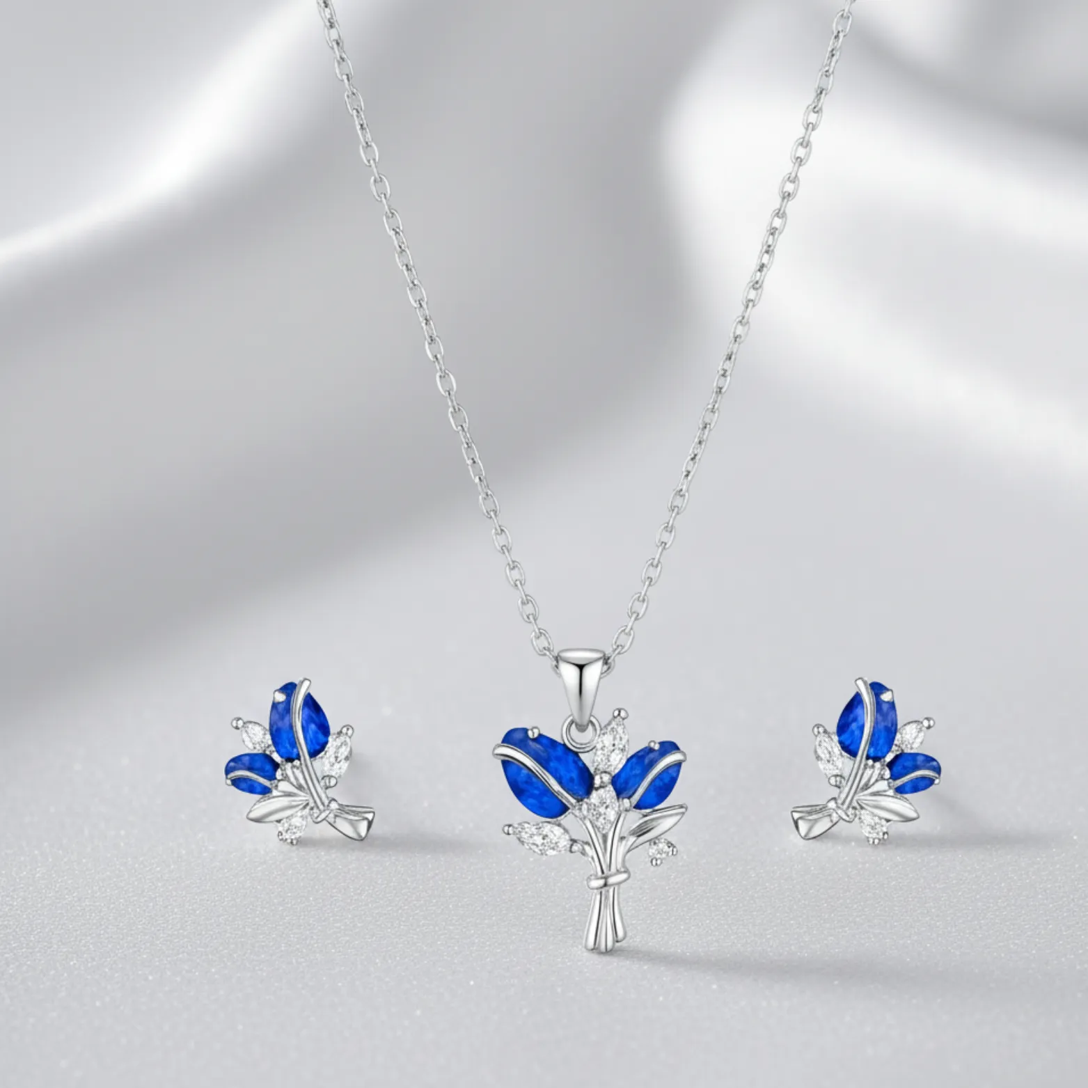 Blue Blossom Silver Pendant and Earrings Set