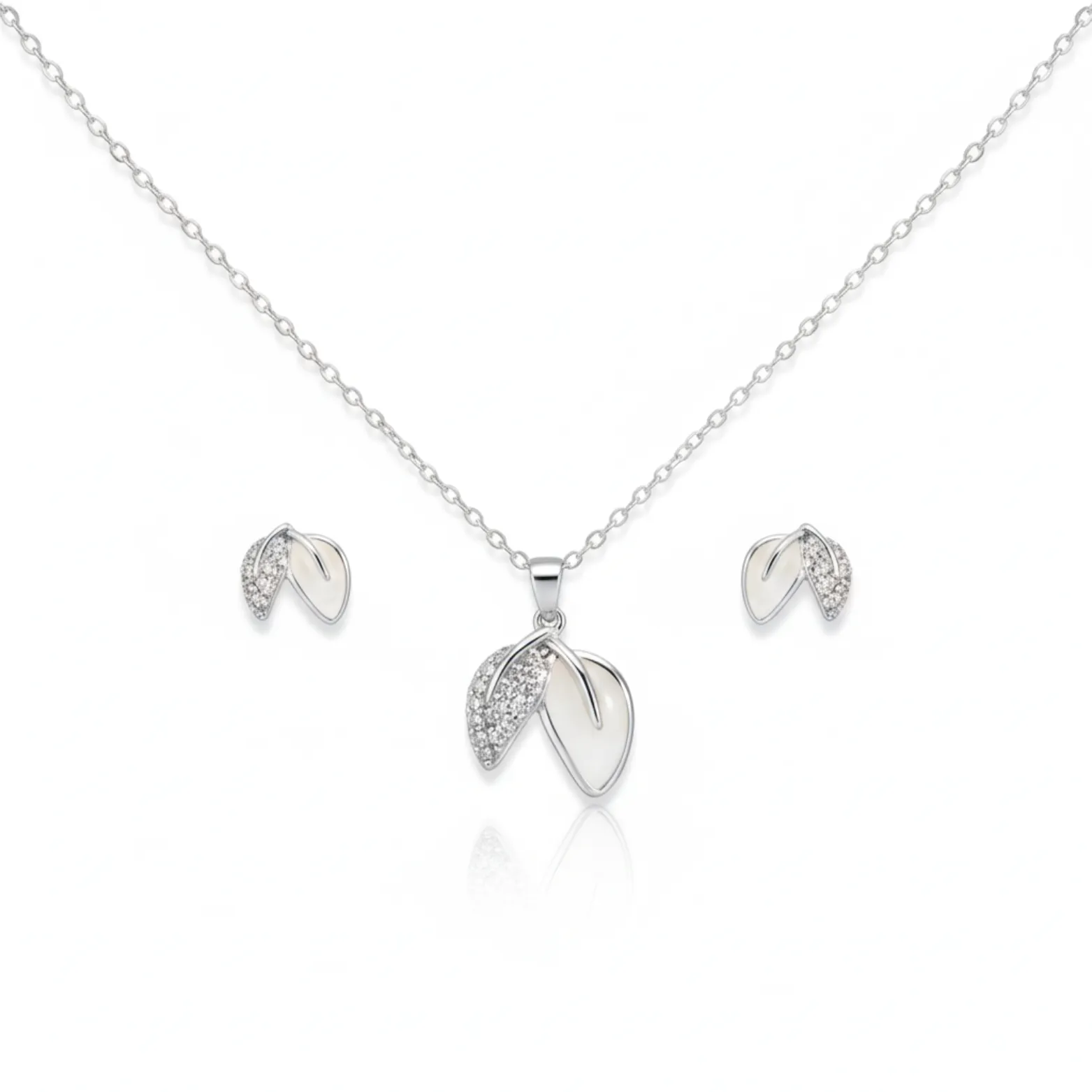 Dual Leaf Elegance Pendant and Earrings Set