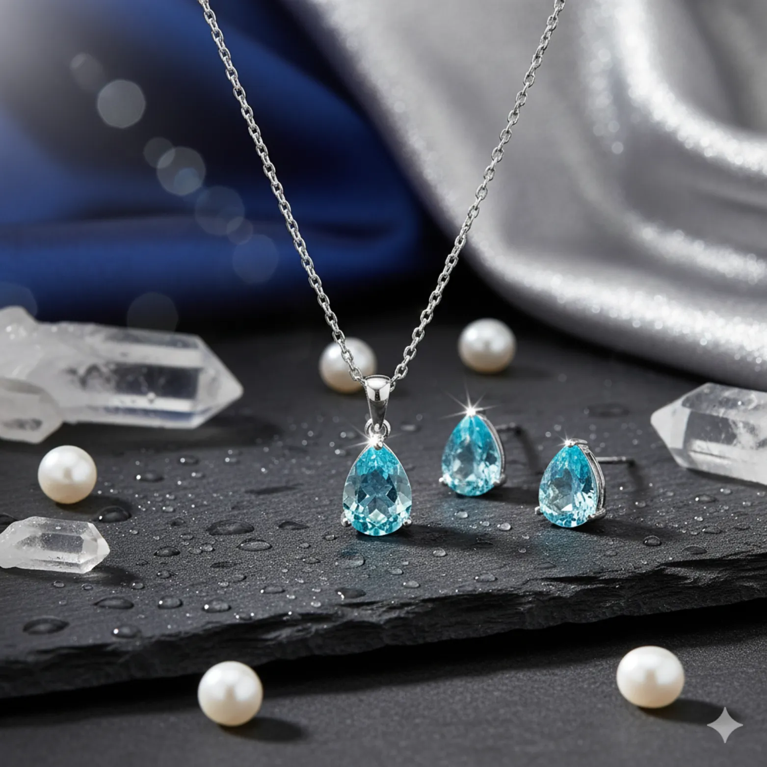 Dewdrop Sky Blue Silver Necklace Set
