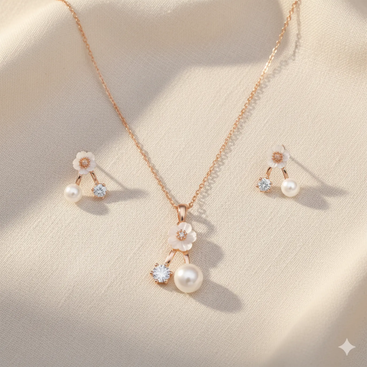 Bloom Pearl  CZ Rose Gold Necklace Set