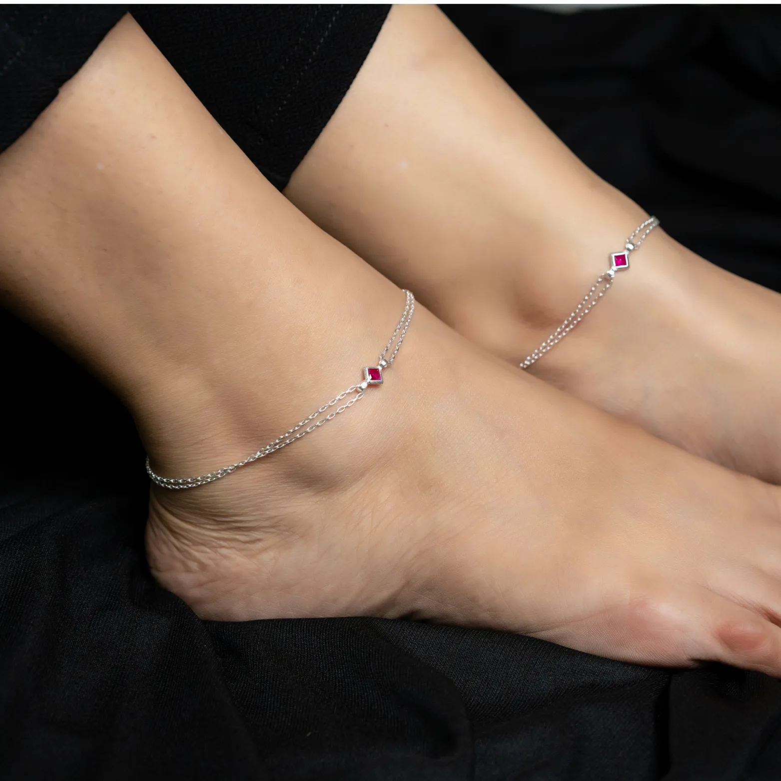 Riva Twin Layer Ruby Charm Silver Anklet Set