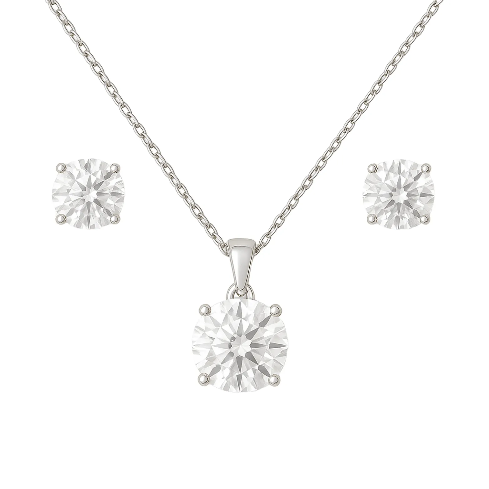  Round-Cut Solitaire Silver Pendant Set