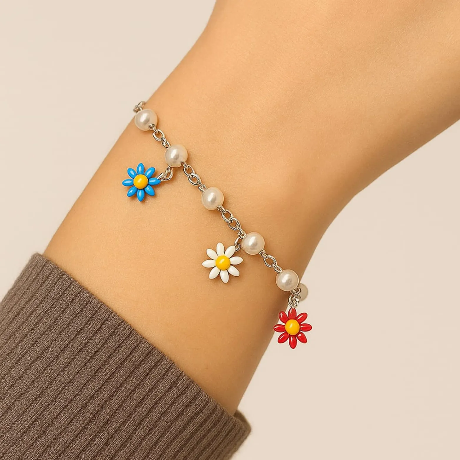Colorful Daisy Charm Silver Bracelet