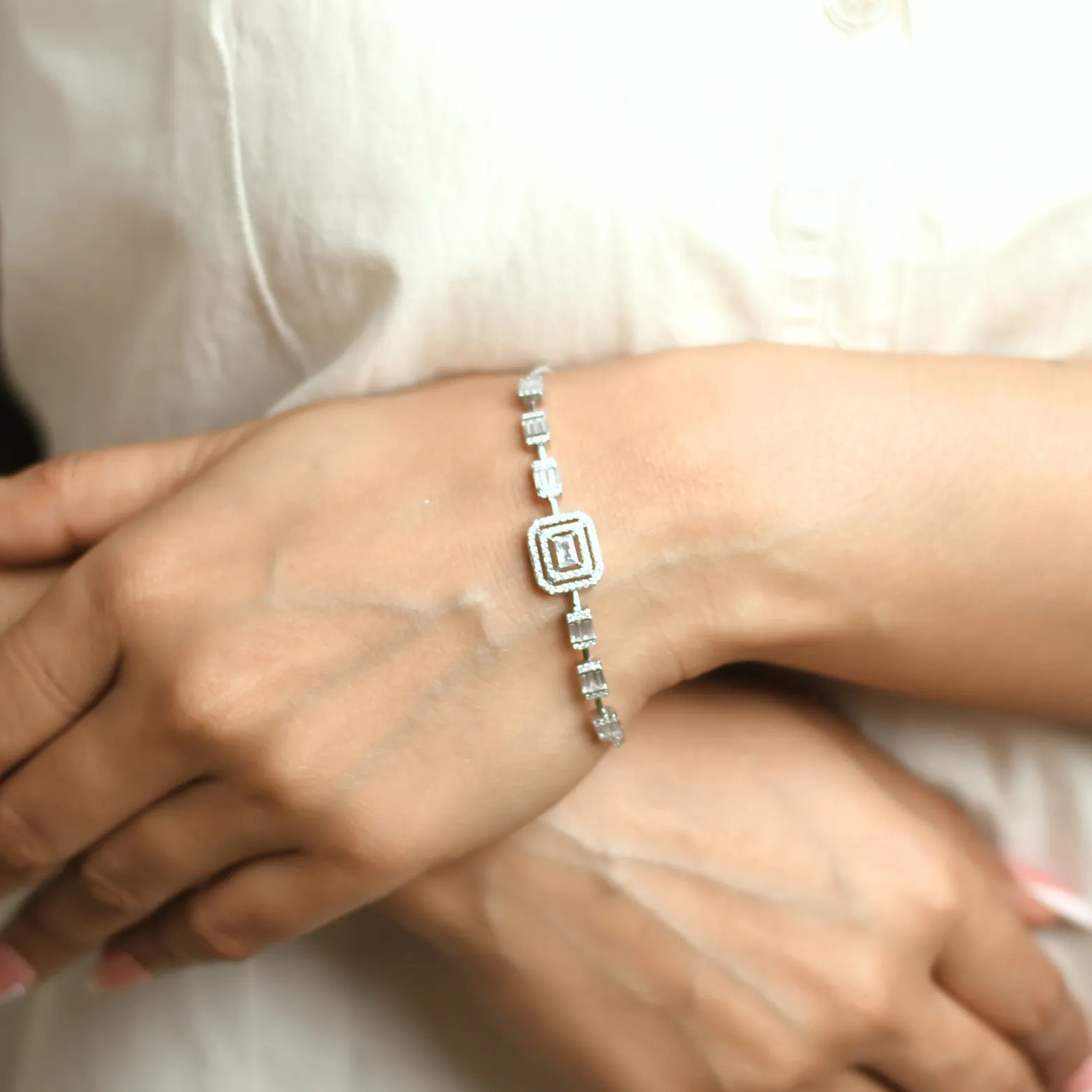 Emerald-Cut Halo Silver Bracelet