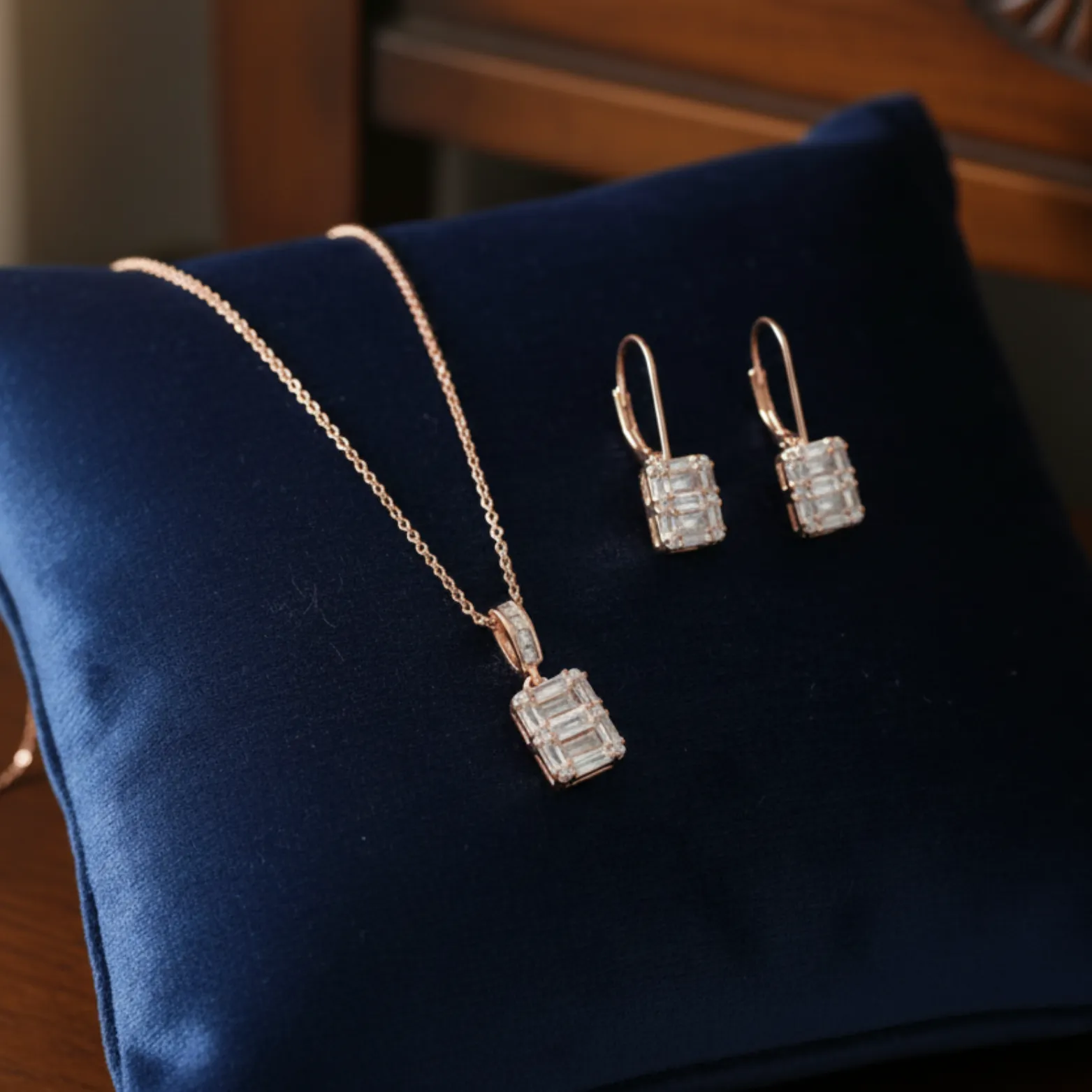Radiant Baguette Pendant and Earrings Set