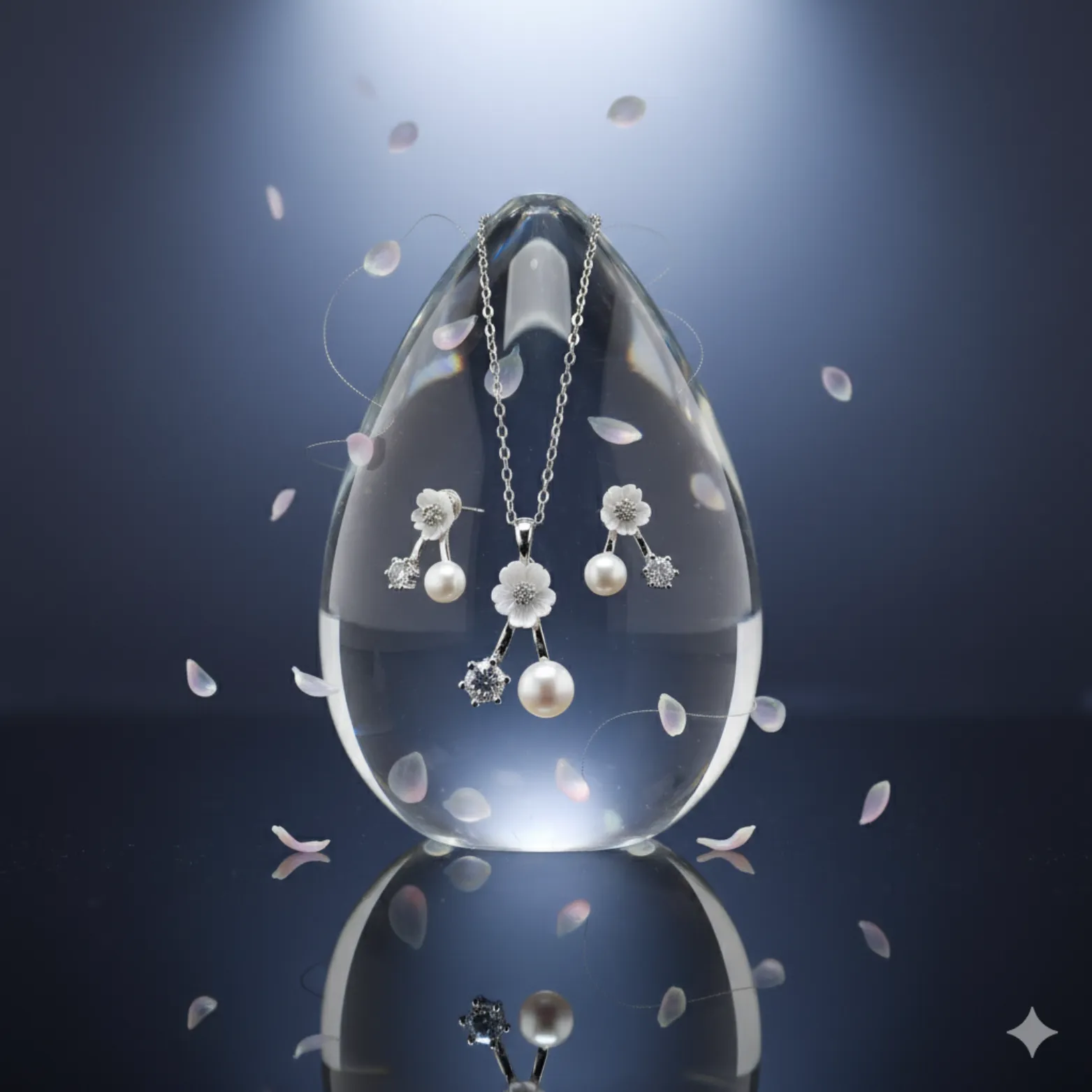 Blossom Pearl  CZ Silver Necklace Set