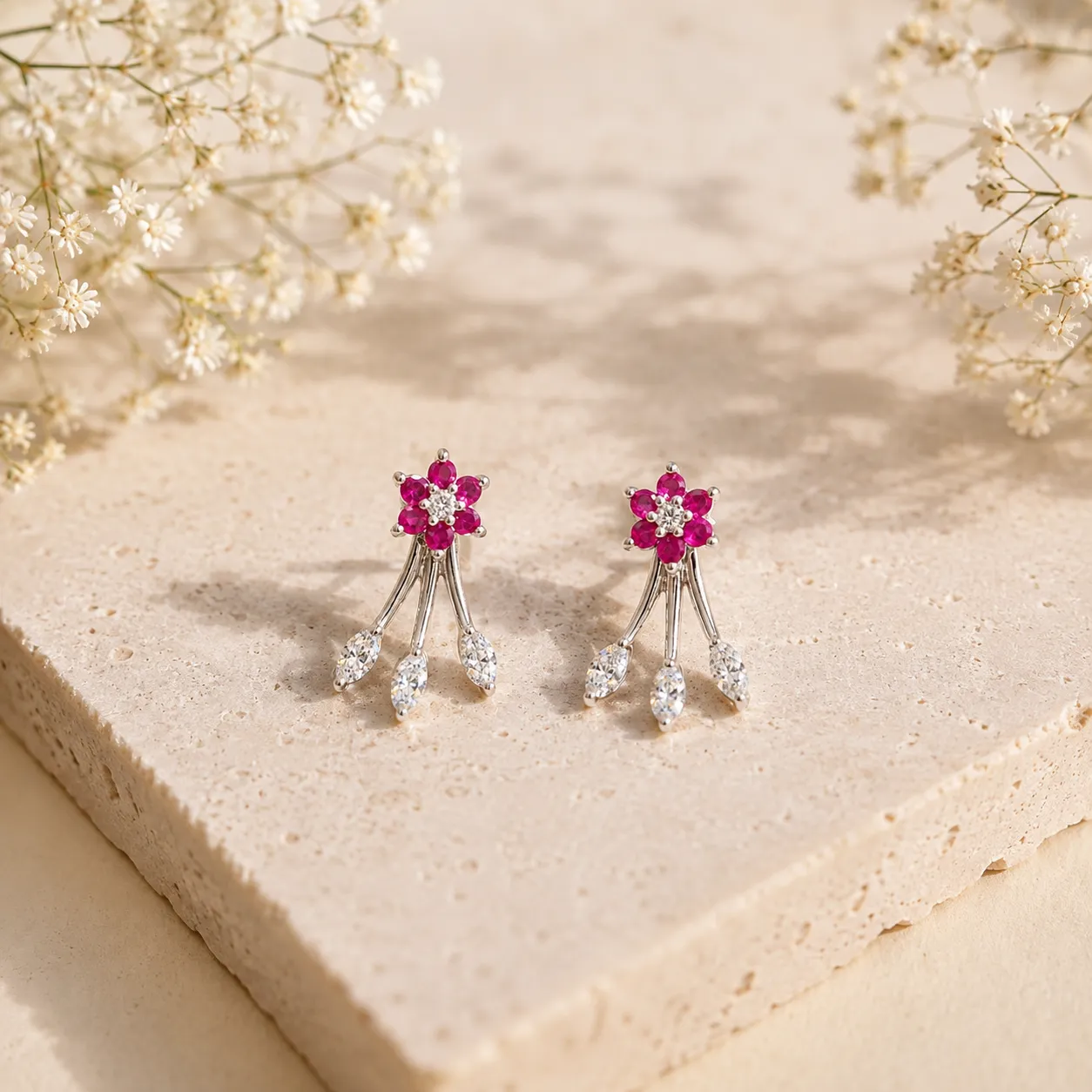 Ruby Flowerburst Dangle Earrings