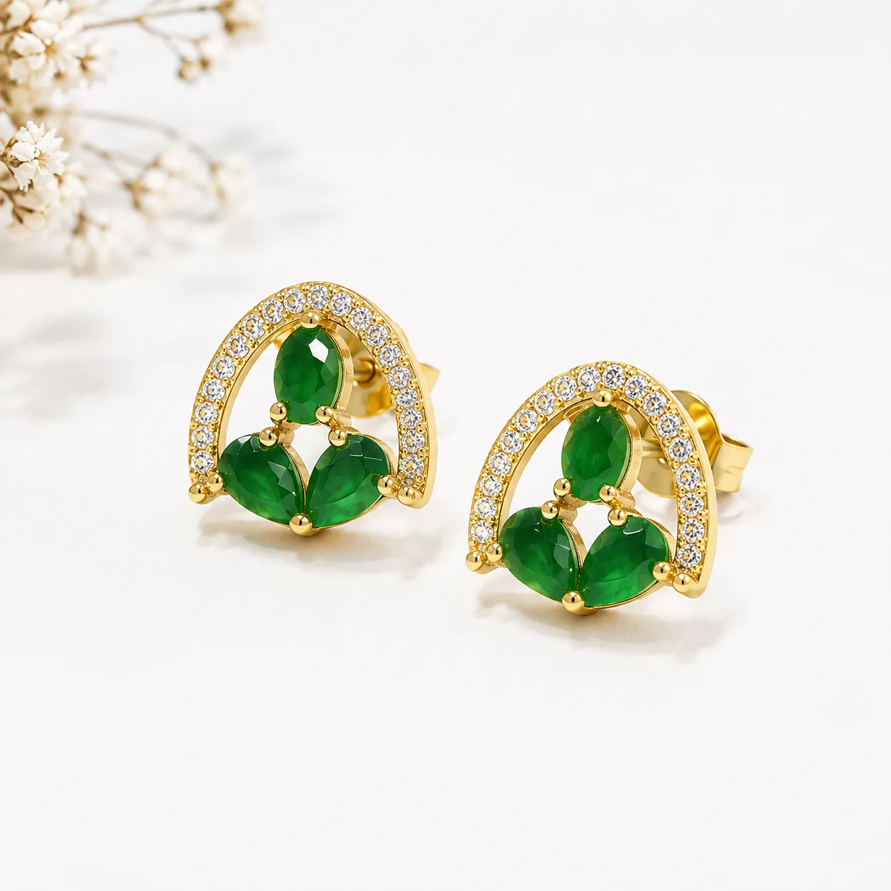 Emerald Trio Gold Stud Earrings