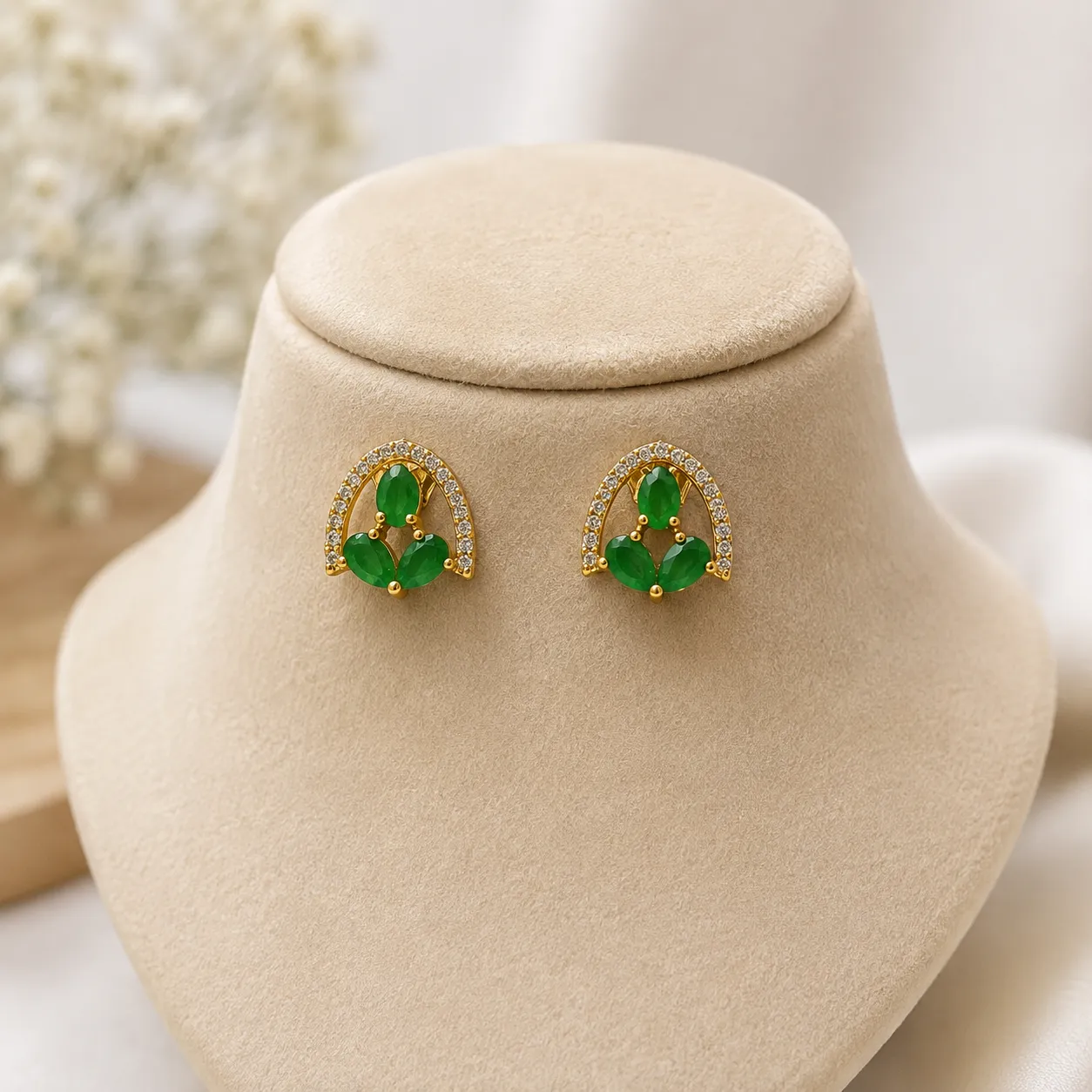 Emerald Trio Gold Stud Earrings