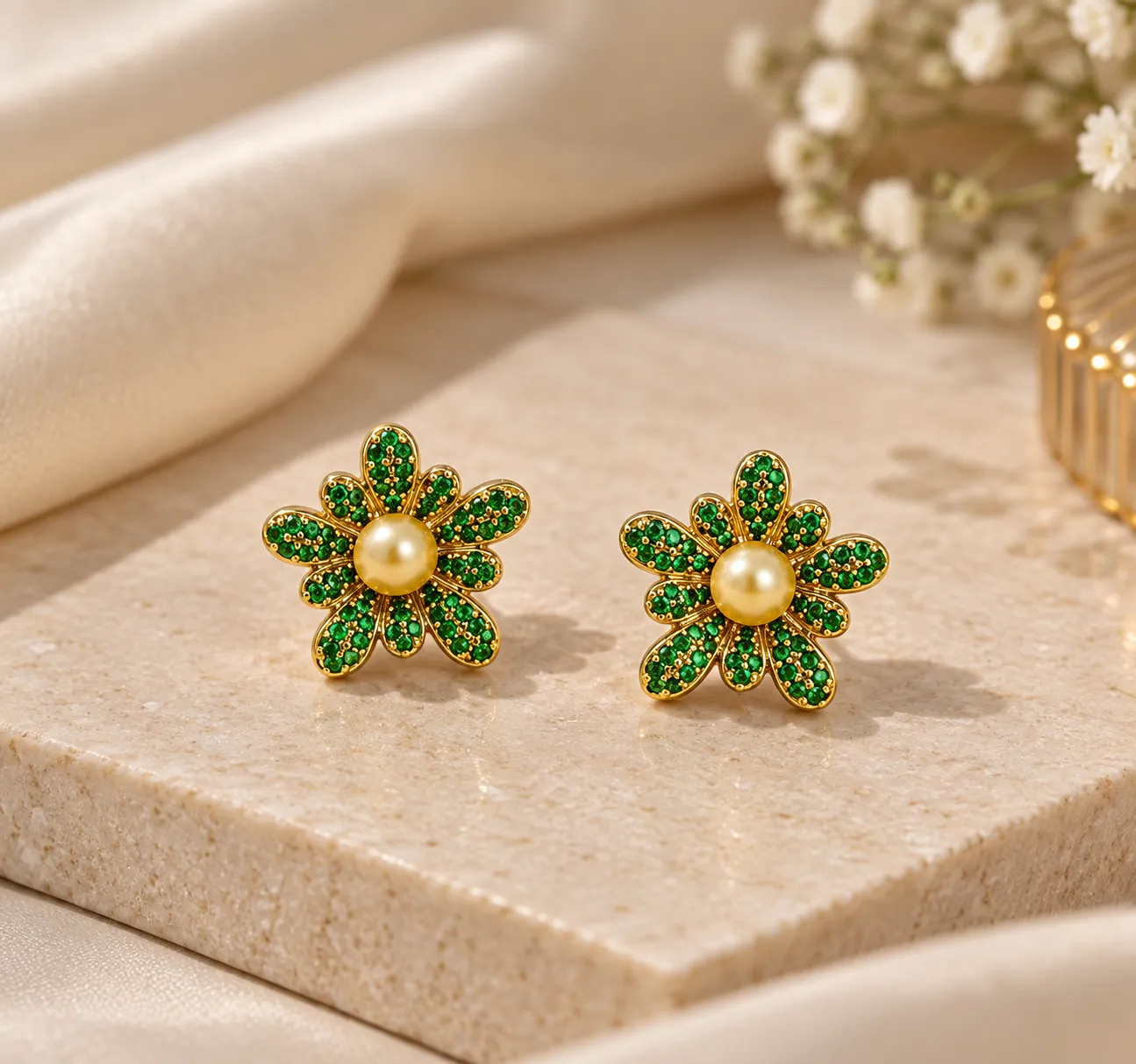 Emerald Flower Pearl Earrings