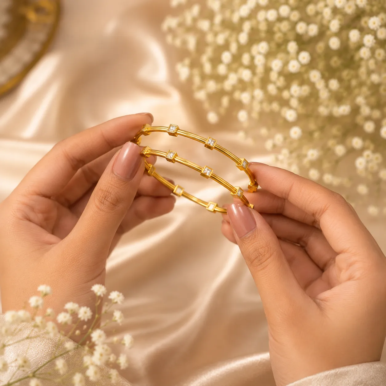 Gold Bangles with Sparkling Square Stones
