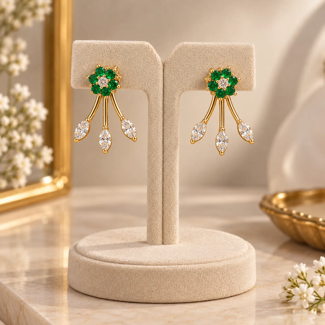 Emerald Flowerburst gold Earrings