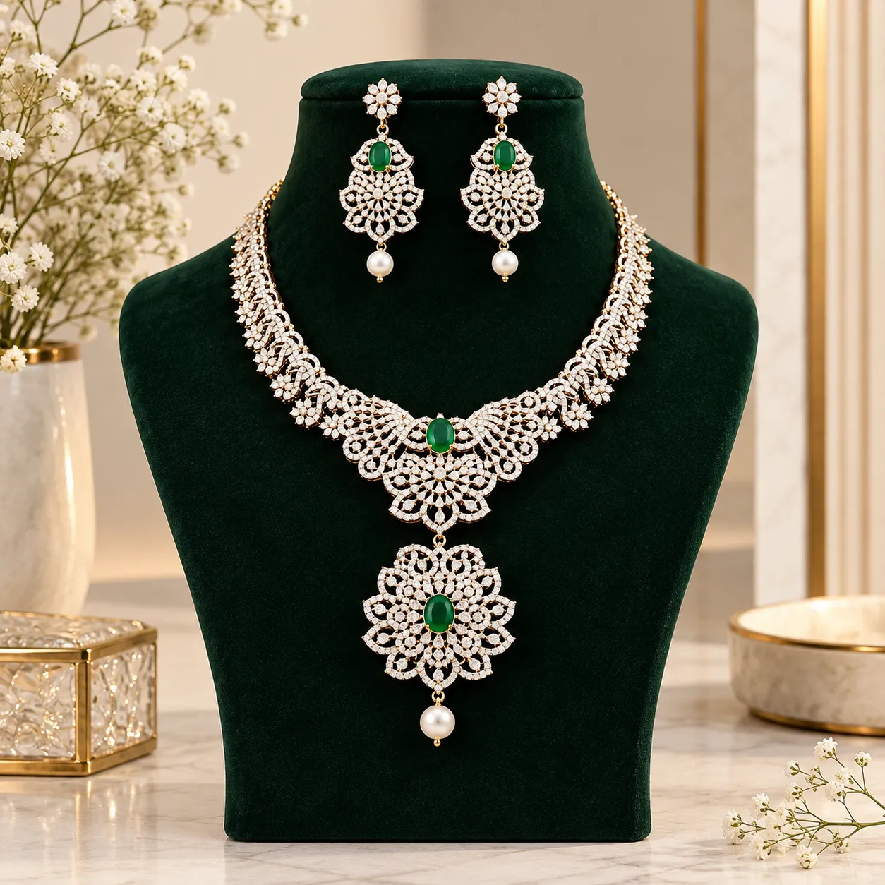 Emerald Lotus Elegance Necklace Set