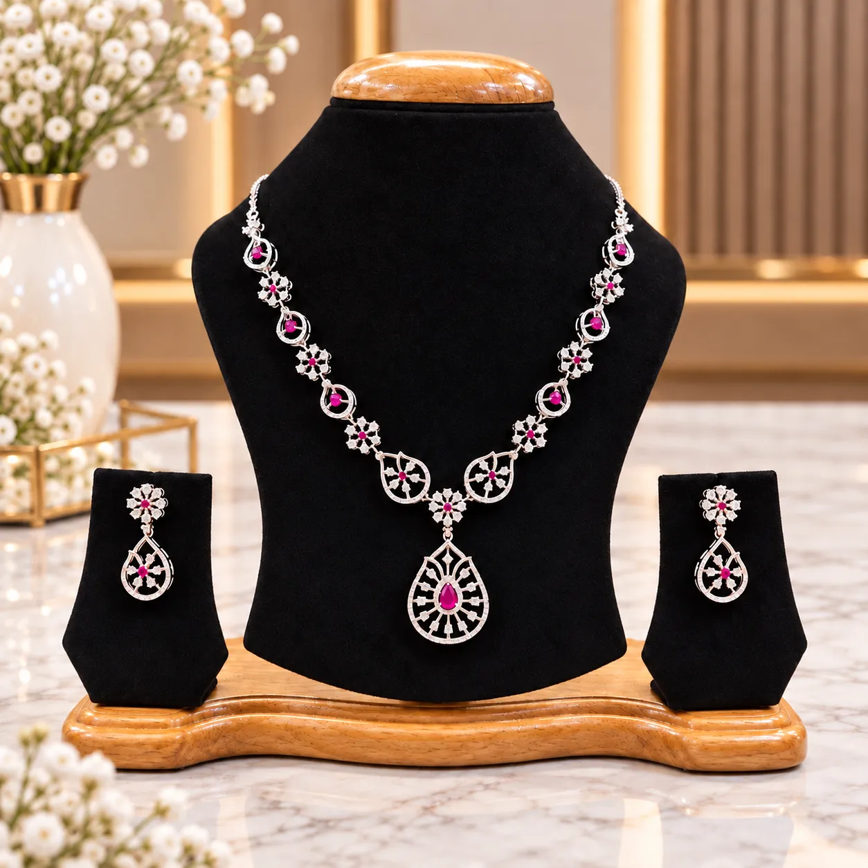 Rosette Ruby Statement Necklace Set
