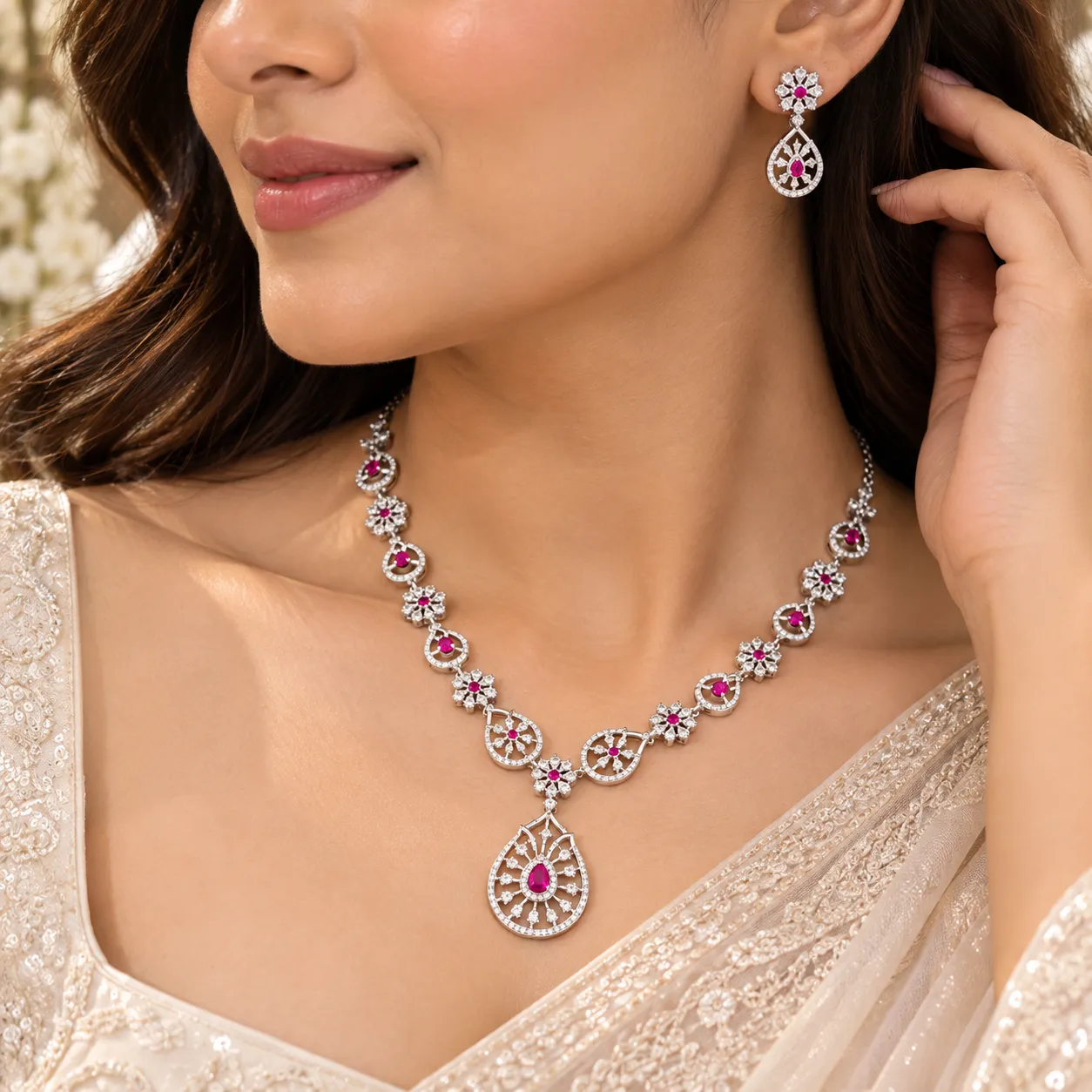 Rosette Ruby Statement Necklace Set