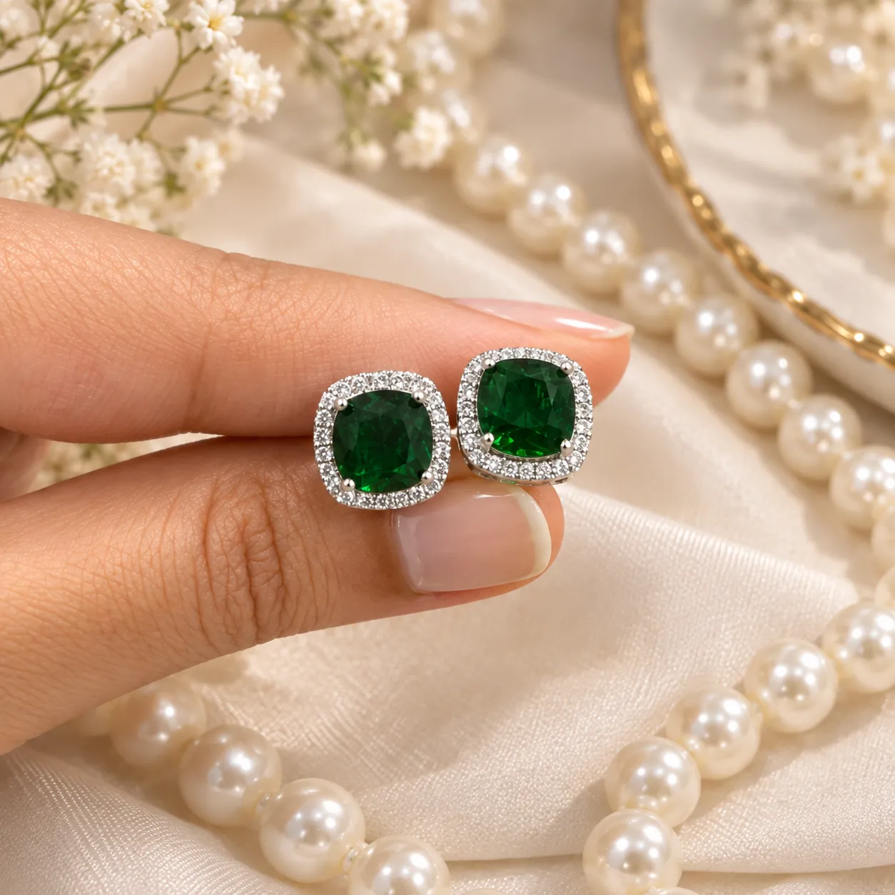 Emerald Cushion-Cut Stud Earrings
